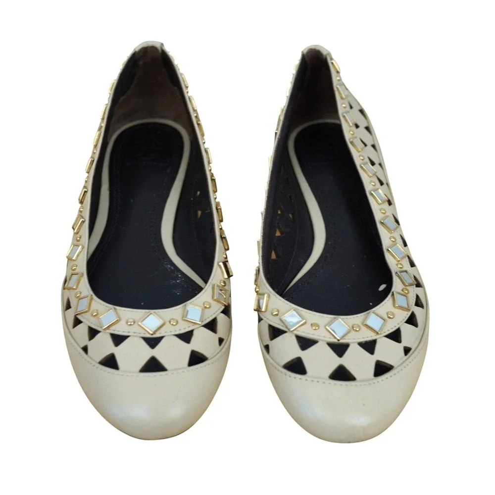 Tory Burch Flats Women Size 5 Cream Leather Studded Laser Cut Out Mirror Work